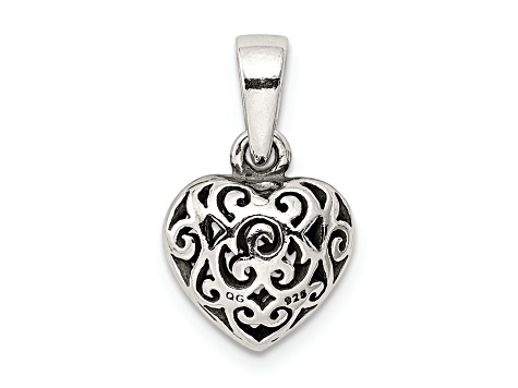 Sterling Silver Antique Filigree Puff Heart Pendant