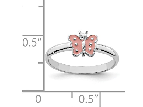 Rhodium Over Sterling Silver Polished Pink Enameled Butterfly Children's Ring