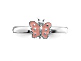 Rhodium Over Sterling Silver Polished Pink Enameled Butterfly Children's Ring