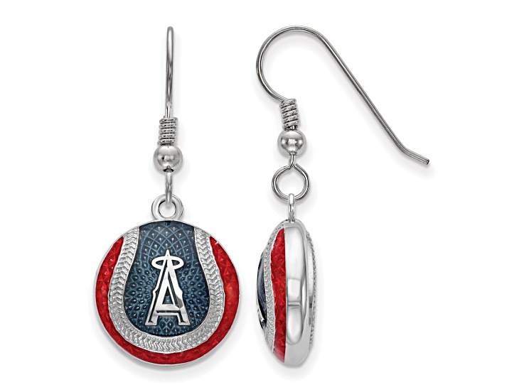 Rhodium Over Sterling Silver MLB LogoArt LA Angels Enamel Dangle Earrings