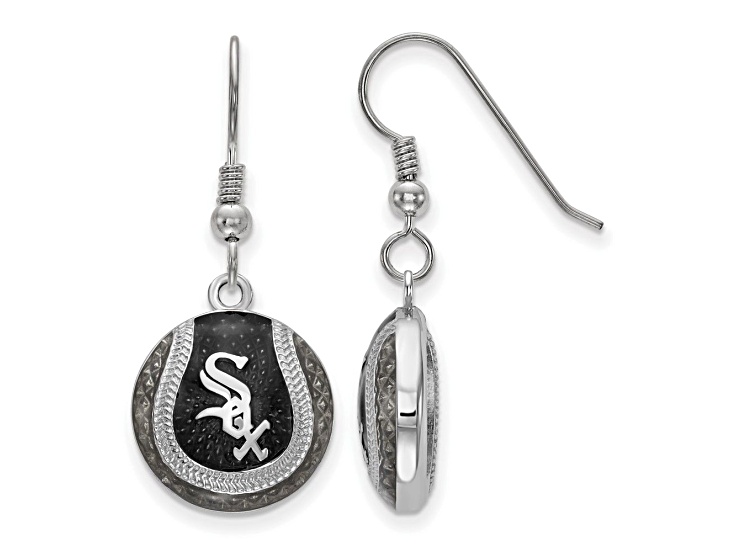 Rhodium Over Sterling Silver MLB LogoArt Chicago White Sox Enamel Earrings