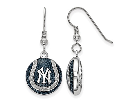 Rhodium Over Sterling Silver MLB LogoArt New York Yankees Enamel Earrings