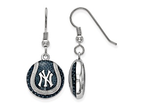 Rhodium Over Sterling Silver MLB LogoArt New York Yankees Enamel Earrings