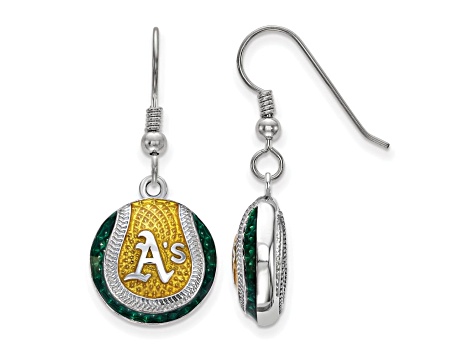 Rhodium Over Sterling Silver MLB LogoArt Oakland Athletics Enamel Earrings