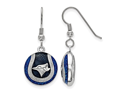 Rhodium Over Sterling Silver MLB LogoArt Toronto Blue Jays Dangle Earrings