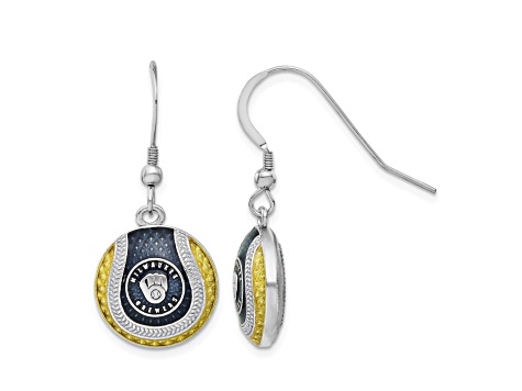 Rhodium Over Sterling Silver MLB LogoArt Milwaukee Brewers Enamel Earrings