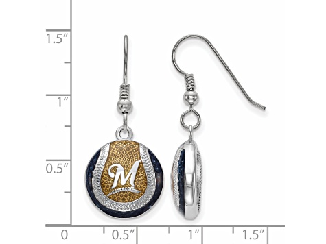 Rhodium Over Sterling Silver MLB LogoArt Milwaukee Brewers Enamel Earrings