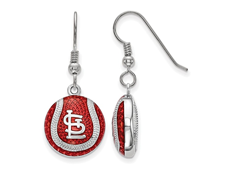 Rhodium Over Sterling Silver MLB LogoArt St. Louis Cardinals Enamel Earrings