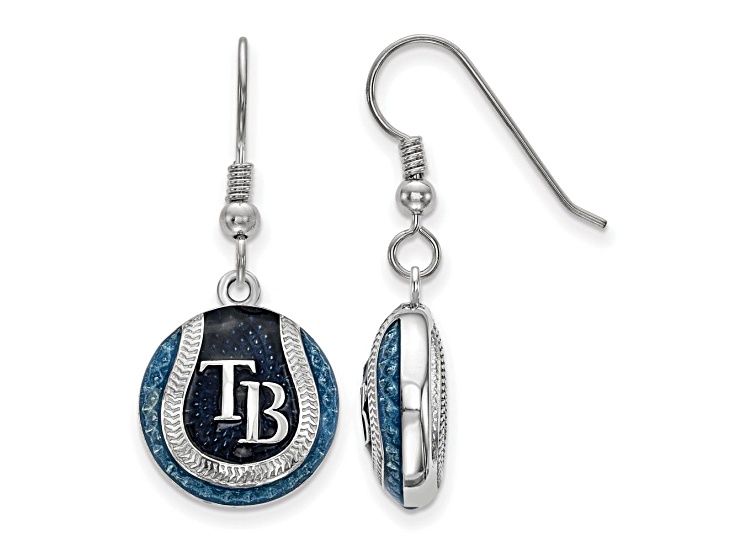 Rhodium Over Sterling Silver MLB LogoArt Tampa Bay Rays Enamel Earrings