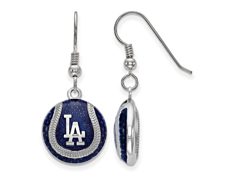 Rhodium Over Sterling Silver MLB LogoArt LA Dodgers Enamel Dangle Earrings