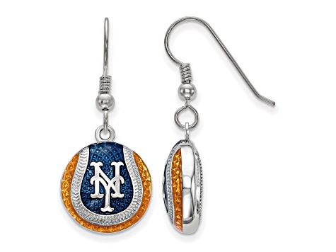 Rhodium Over Sterling Silver MLB LogoArt New York Mets N-Y Enamel Earrings