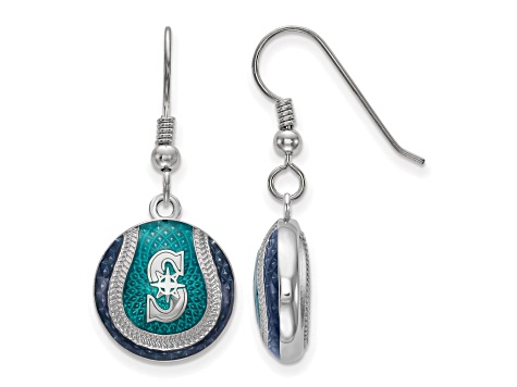 Rhodium Over Sterling Silver MLB LogoArt Seattle Mariners Enamel Earrings