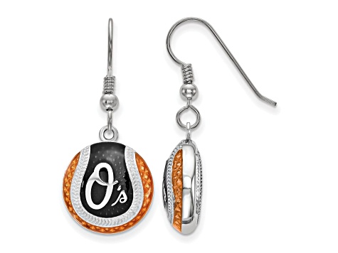 Rhodium Over Sterling Silver MLB LogoArt Baltimore Orioles Enamel Earrings