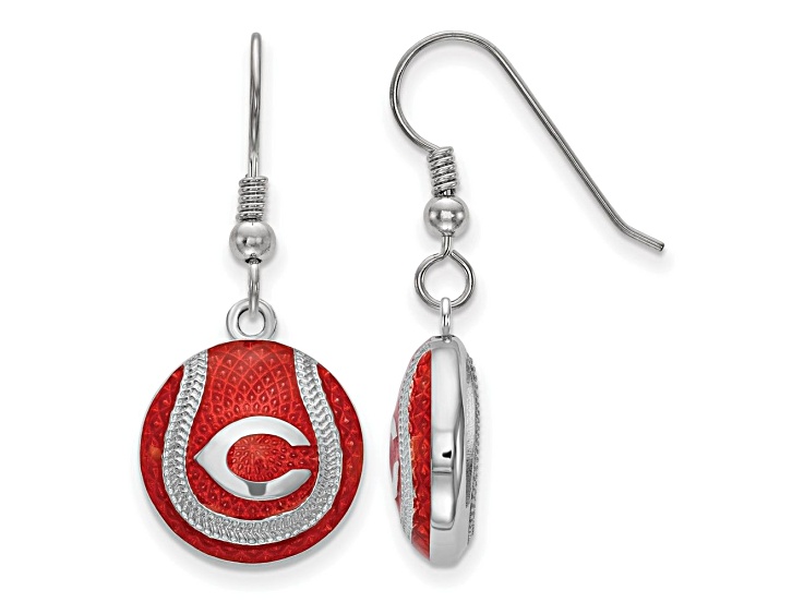 Rhodium Over Sterling Silver MLB LogoArt Cincinnati Reds Enamel Earrings