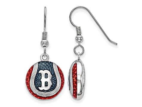 Rhodium Over Sterling Silver MLB LogoArt Boston Red Sox Enamel Earrings