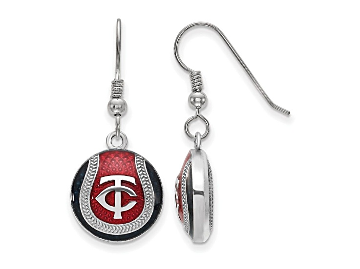 Rhodium Over Sterling Silver MLB LogoArt Minnesota Twins Enamel Earrings