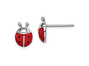 Rhodium Over Sterling Silver  Enamel Ladybug Children's Post Earrings