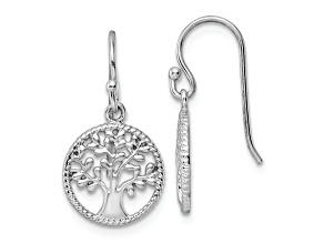 Rhodium Over Sterling Silver Tree Dangle Earrings