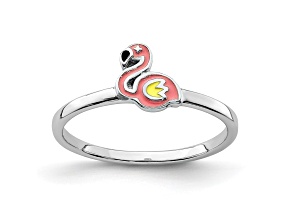 Rhodium Over Sterling Silver Multi-color Enameled Flamingo Children's Ring
