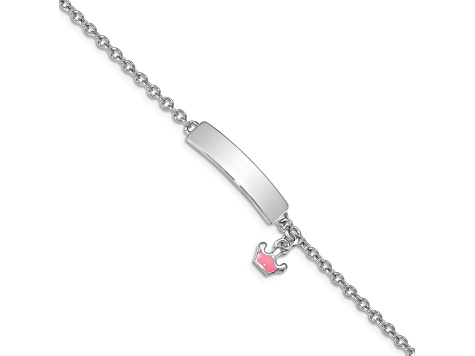 Rhodium Over Sterling Silver Pink Enamel Crown with 1-inch Extender Children's ID Bracelet