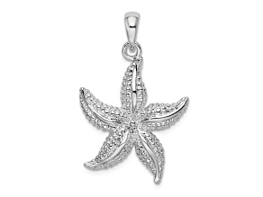 Rhodium Over Sterling Silver Polished and Textured Starfish Pendant