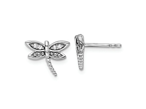 Rhodium Over Sterling Silver White Diamond Dragonfly Post Earrings