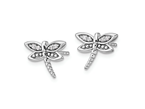 Rhodium Over Sterling Silver White Diamond Dragonfly Post Earrings