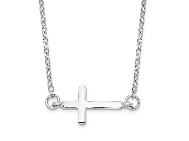Rhodium Over Sterling Silver with 2-inch Extension Sideways Cross Necklace