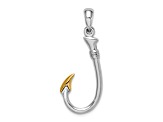 Rhodium Over Sterling Silver 3D Fish Hook with 14k Yellow Gold Accent Pendant