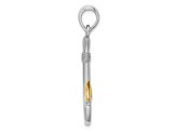 Rhodium Over Sterling Silver 3D Fish Hook with 14k Yellow Gold Accent Pendant