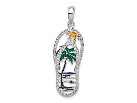 Rhodium Over Sterling Silver Textured Enamel Palm Tree Flip-flop Pendant