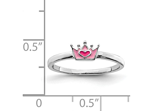 Rhodium Over Sterling Silver Polished Pink Enamel Crown Children's Ring