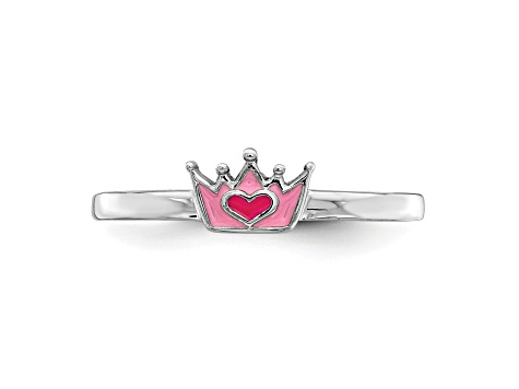 Rhodium Over Sterling Silver Polished Pink Enamel Crown Children's Ring