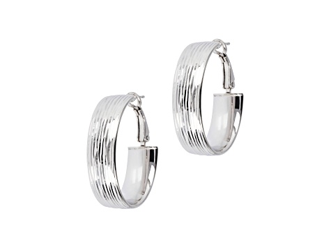 Sterling Silver Diamond Cut Oval Hoop Earrings with Omega Back