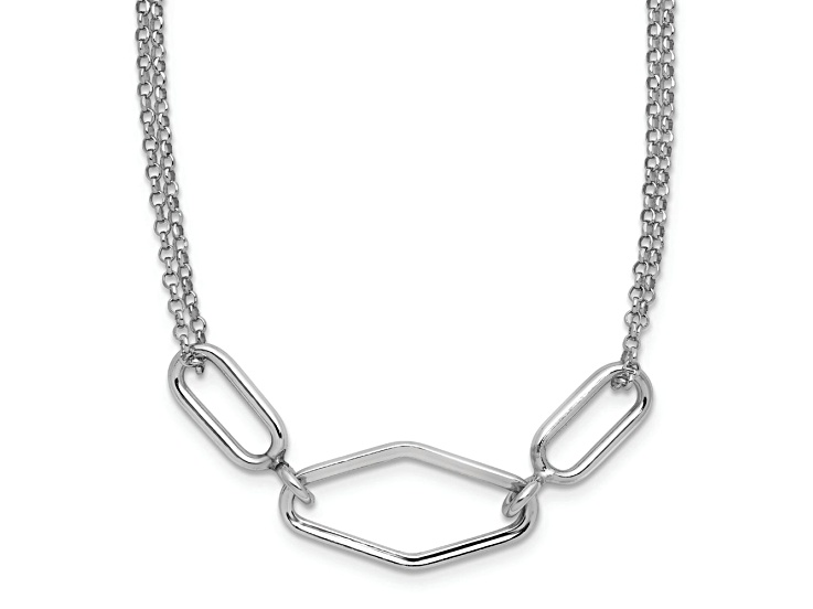Rhodium Over Sterling Silver Polished and Diamond-Cut Fancy 2-strand Cable Link 16 Inch Necklace