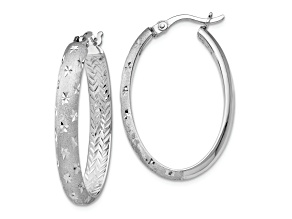 Rhodium Over Sterling Silver 1 9/16" Diamond-Cut Brushed In and Out Oval Hoop Earrings
