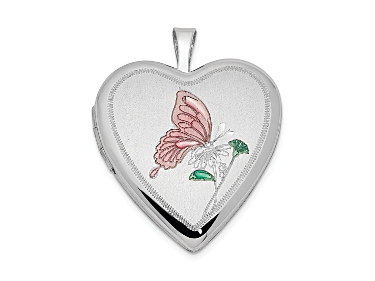 Rhodium Over Sterling Silver 20mm Enameled Butterfly Heart Locket Pendant