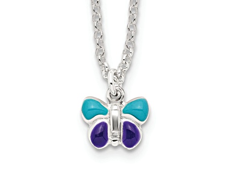 Sterling Silver Polished Enameled Butterfly with 1.5-inch Extension Children's Necklace