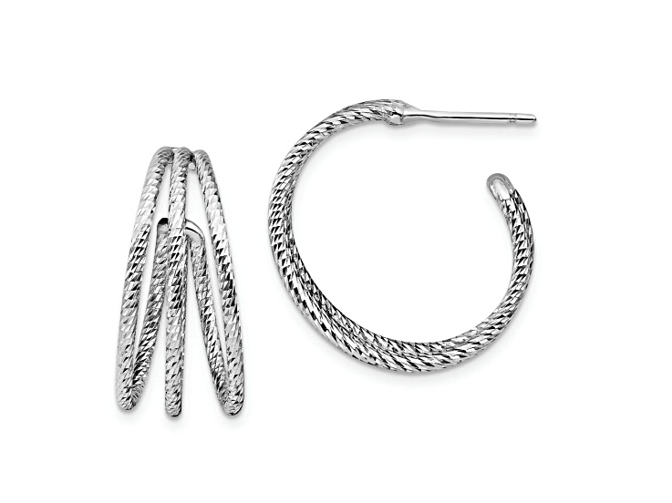 Rhodium Over Sterling Silver 15/16" Diamond-Cut J-Hoop Earrings
