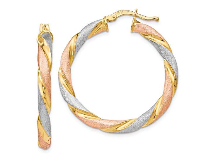 18K Yellow and 18K Rose Gold Over Sterling Silver 1 5/16" Satin Twisted Hinged Hoop Earrings