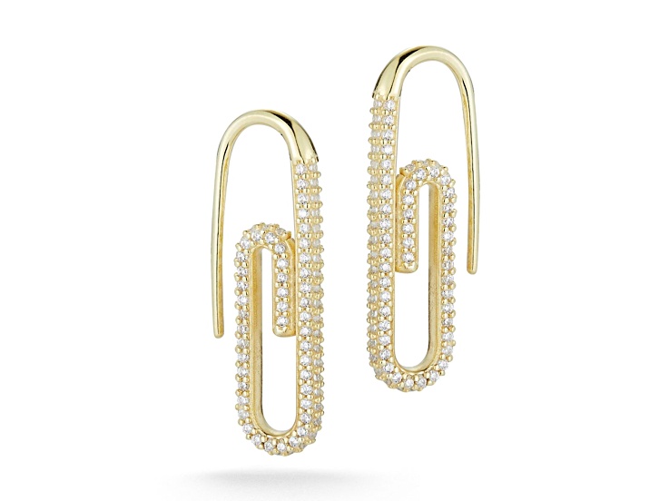 Sterling Statements 14K Yellow Gold Over Sterling Silver Pave Paperclip Threader Earrings