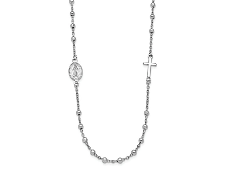 Rhodium Over Sterling Silver Cross and Miraculous Medal Cable Link 24.5 Inch Necklace