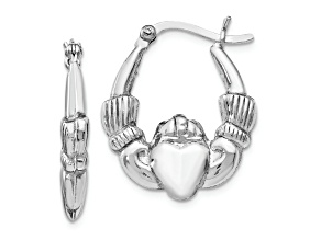 Rhodium Over Sterling Silver 7/8" Polished Claddagh Hoop Earrings