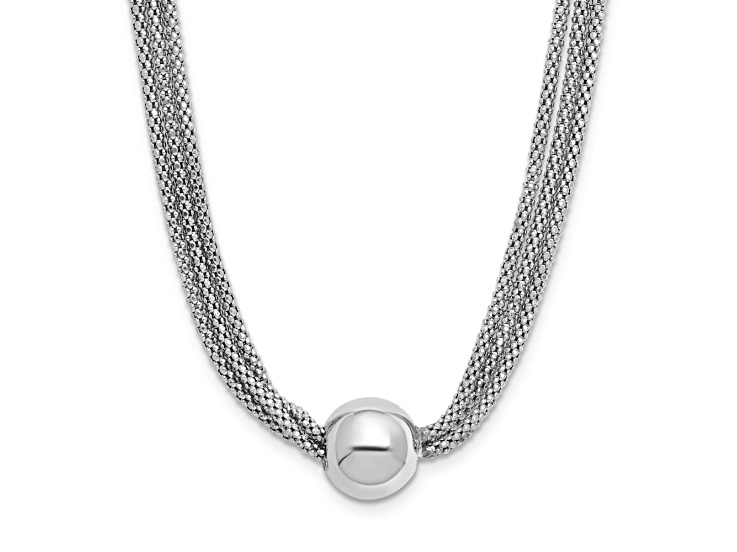 Rhodium Over Sterling Silver Polished Bead With 3-Strand Fancy Link 17 Inch Necklace