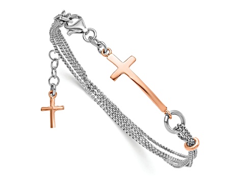 18K Rose Gold Over Sterling Silver Cross Charm Bracelet