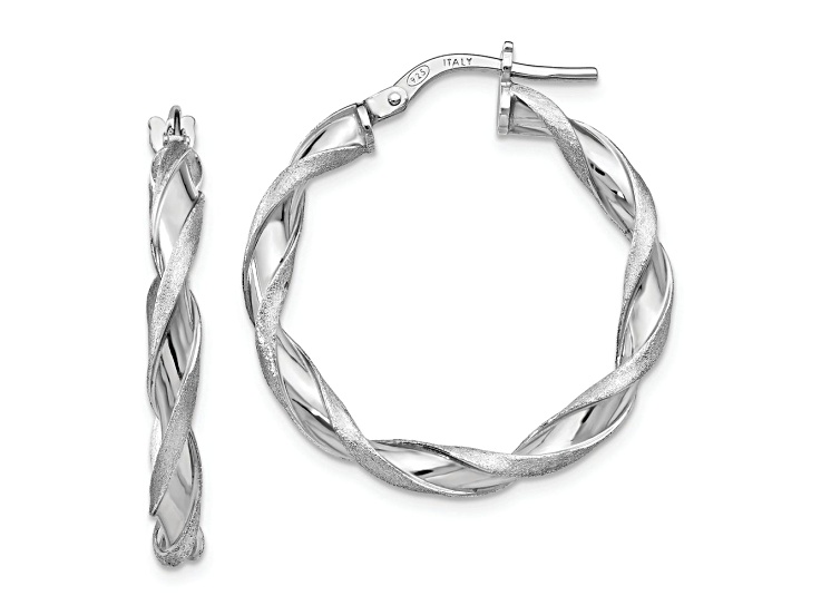 Rhodium Over Sterling Silver 1 1/16" Polished and Scratch-finish Twisted Hoop Earrings