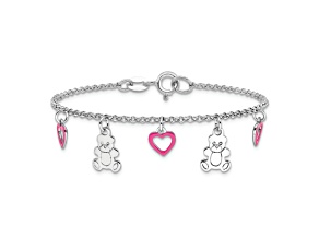 Rhodium Over Sterling Silver Pink Enamel Hearts/Bears Children's 6in Bracelet