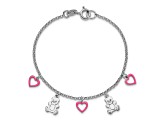 Rhodium Over Sterling Silver Pink Enamel Hearts/Bears Children's 6in Bracelet