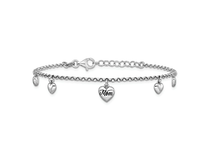 Rhodium Over Sterling Silver Heart Enamel Mom Heart 6.5 Inch with 0.75 Inch Extension Bracelet