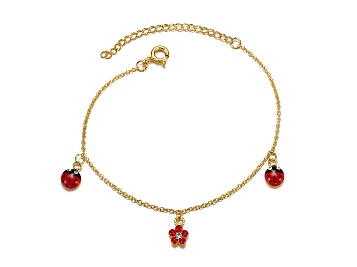 14K Gold Plated over Sterling Silver with Colored Enamel Lady Bug & Flower Charm Bracelet for Teens